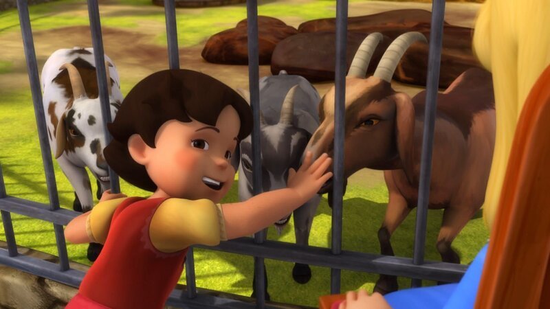 Heidi streichelt die Ziegen. – Bild: ZDF/​Studio 100 Animation/​Heidi Productions Pty. Limited