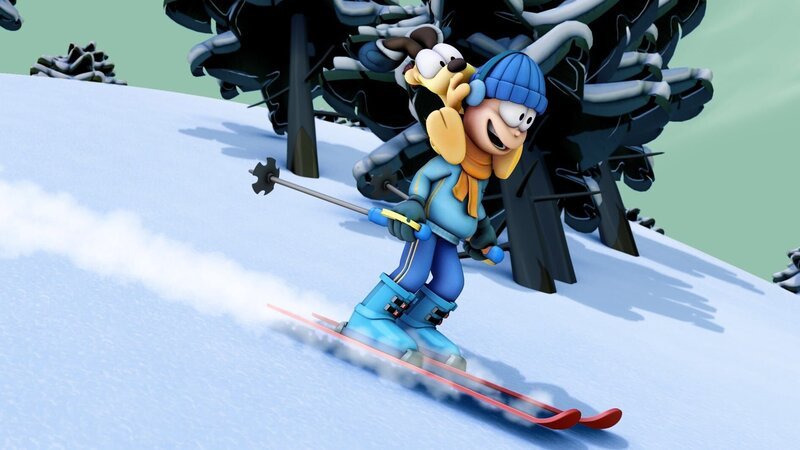 Während Jon und Odie sich in der verschneiten Landschaft vergnügen, hockt der entnervte Garfield frierend in der Hütte. – Bild: HR/​Dargaud Media/​MediaToon/​Paws Inc./​France 3