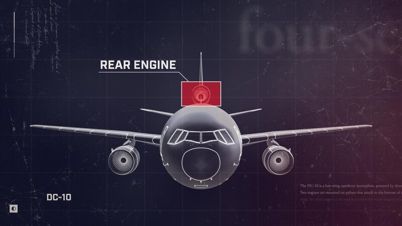 Drittes Triebwerk, das die Explosion für das DC-10-Flugzeug verursacht hat. – Bild: RTL /​ Plimsoll Productions Ltd /​ Verdeckte Mängel