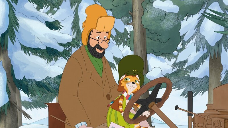 Weil der Postbote gerade nicht kann, fahren Pettersson und Findus den letzten Brief mitten im Winter mit dem Traktor aus. – Bild: Edel Germany GmbH /​ ZDF