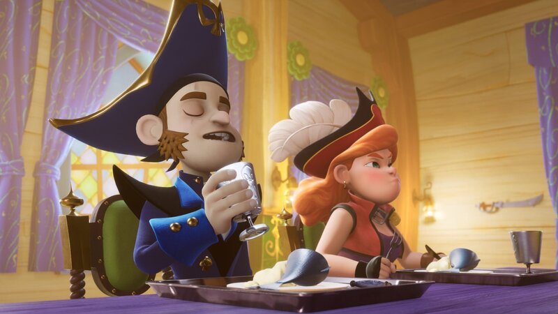 Käpt’n Archibald Flint (l.) lässt keine Gelegenheit aus, in der er sich über die unfähigen Schüler von Käpt’n Charlotte Raubein (r.) lustig machen kann. – Bild: Method Animation – Mediawan kids & family