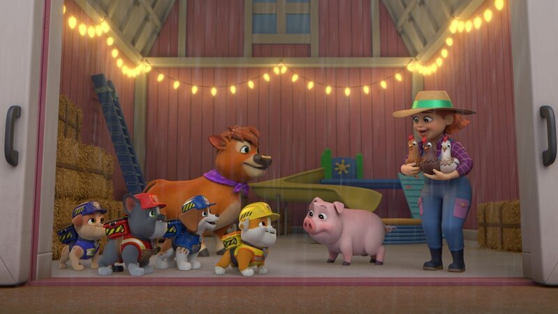 v.li.: Mix, Charger, Wheeler, Mooreen, Rubble, Truffles, Benny, Lenny, Farmer Zoe, Jenny – Bild: Paramount