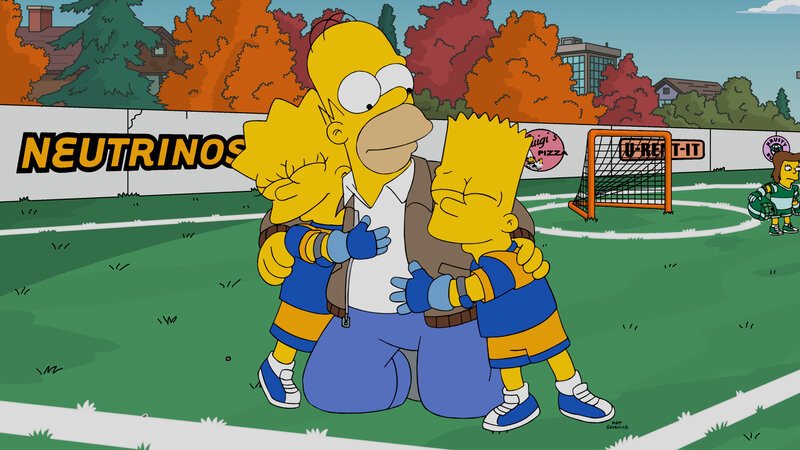 Seinen Kindern Bart (r.) und Lisa (l.) zur Liebe tut Homer fast alles (M.), doch als er mit Milhouses Vater Kirk ihr Lacrosseteam trainieren soll, gerät seine Vaterliebe an die Grenzen … – Bild: Fox and its related entities