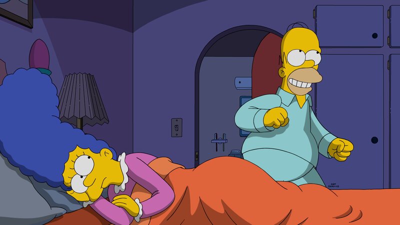 Währen Marge einfach nur schlafen möchte (l.), hat Homer (r.) eine grandiose Idee, die ihn kein Auge zumachen lässt. Er will eine App erfinden, die sein Leben in Zukunft erleichtern wird … – Bild: Fox