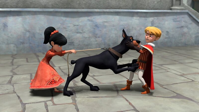 Scarlett versucht mit Schlosshund Flynn die Spur des Spions zu verfolgen. – Bild: ZDF/​Method Animation 2021/​ZDF Studios/​KidsMe