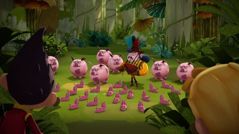 Die Schnecknecken und die Schweine gehorchen dem Dudelsackspieler. – Bild: KiKA/​Flying Bark Productions Pty Ltd.