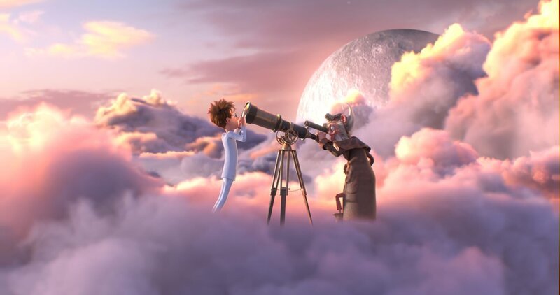 Der Übergang von der Erde in den Weltraum ist für Peter wie ein Wunder: Plötzlich steht er mitten in Wolkengebilden vor einem skurrilen Mann mit Teleskop. – Bild: ZDF/​Little Dream Entertainment