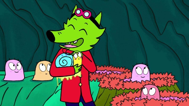 In der Fantasiewelt hat Professor Wolf allerhand schleimiges Getier in einer Höhle gesammelt, um Schleim für seine Klebepistole zu sammeln. – Bild: ZDF/​GO-N Productions