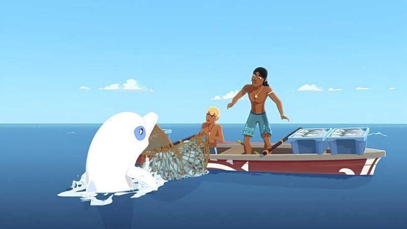 Yann (M.) und Auru (r.) verstehen nicht, wieso Delfin Zoom die Fische, die sie gefangen haben, zurück ins Meer ziehen will. – Bild: ZDF/​Media Valley/​Marzipan Films