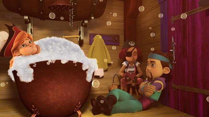 Käpt’n Raubein (l.), Käpt’n Säbelrost (M.) und Käpt’n Yogatee (r.) sind eingeschlossen im Badezimmer. – Bild: Method Animation – Mediawan kids & family
