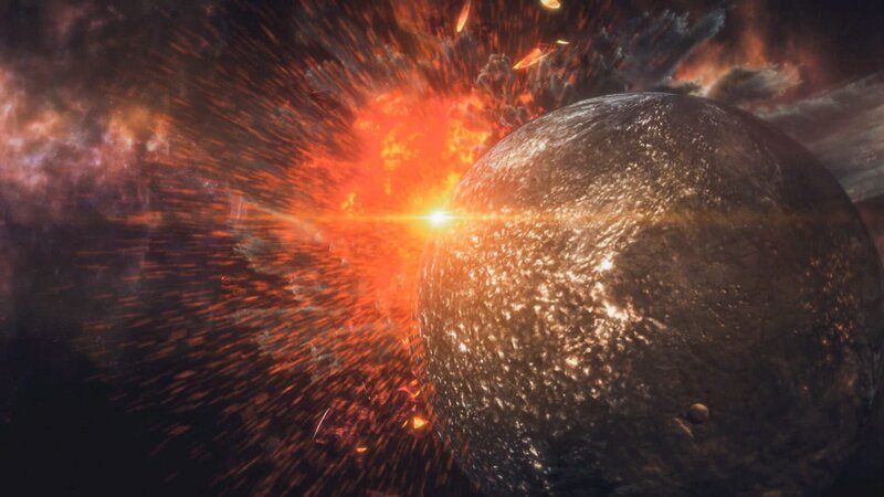 Bei der Entstehung des Planetensystems herrschte großes Chaos. Die Erde driftete mit einer geringen Neigung halbwegs unbeschadet hindurch. – Bild: Discovery