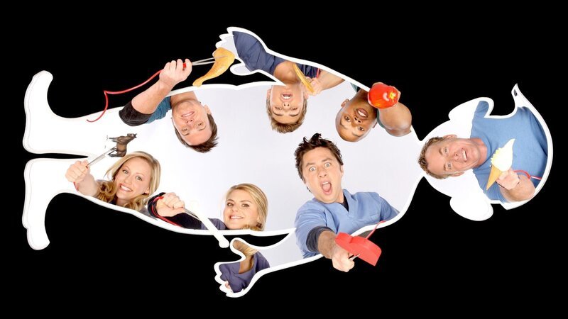 (9. Staffel) – Scrubs – Die Anfänger: (im Uhrzeigersinn von oben l.) Drew (Michael Mosley), Cole (Dave Franco), Turk (Donald Faison), Cox (John C. McGingley), J.D. (Zach Braff), Denise (Eliza Coupe) und Lucy (Kerry Bishe) … – Bild: ORF/​Disney/​Bob D’Amico