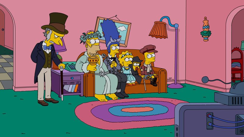 In der Weihnachtszeit geht es bei den Simpsons Homer (2.v.l.), Marge (3.v.l.), Lisa (3.v.r.), Maggie (2.v.r.) und Bart (r.) hoch her. Mit von der Partie ist Mr. Burns (l.), der seine eigenen Ziele verfolgt. – Bild: Fox and its related entities.