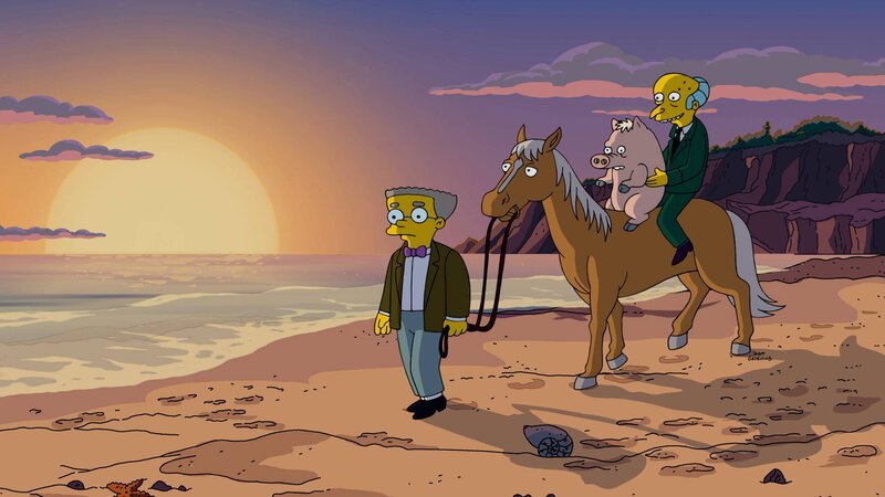Wird das Familienschwein der Simpsons wirklich mit Mr. Burns (r.) in den Sonnenuntergang reiten und sich von Homer und seinem Zuhause verabschieden müssen? – Bild: 2016–2017 Fox and its related entities.