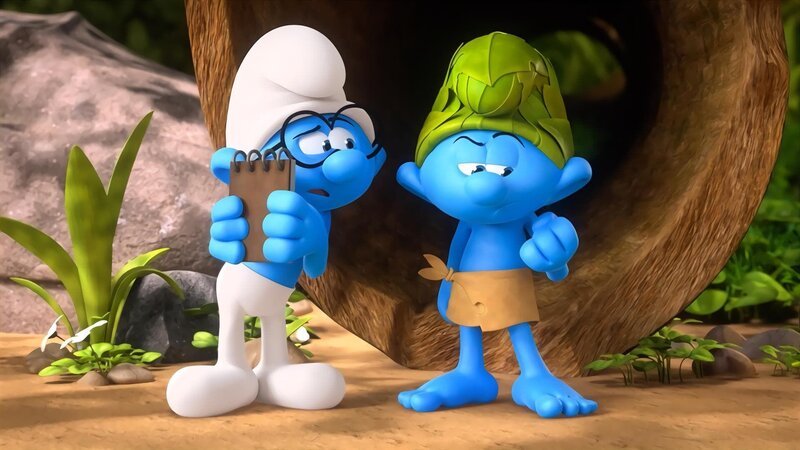 Papa Schlumpf schickt Dummi, Beauty und Poeti in den Wald, damit sie von Wild lernen, sich in der Natur zurecht zu finden. – Bild: KiKA/​Peyo Productions, Dupuis Édition & Audiovisuell 2020