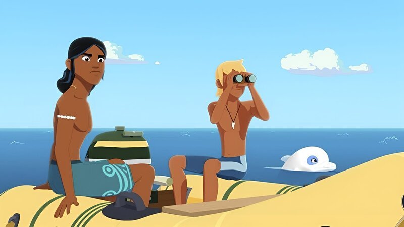 Auru und Yann halten zusammen mit Delfin Zoom Ausschau nach der Raumkapsel, die ins Meer gestürzt war. Sie wollen dem Raumfahrer Philippe helfen. – Bild: ZDF/​Media Valley/​Marzipan Films