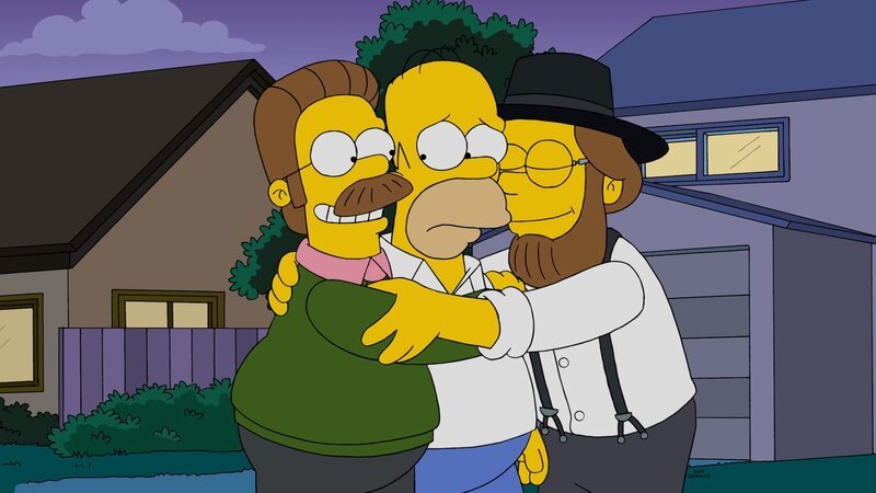 Als ihr Auto auf dem Weg zu Lisa kaputtgeht, treffen Homer (M.), Bart, Maggie und Marge auf Neds Cousin. Doch schafft es Homer, die Zerstrittenen wieder zu vereinen? – Bild: Fox and its related entities