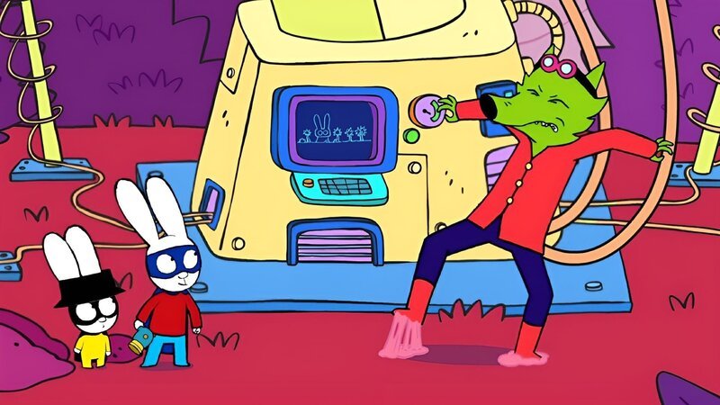 Captain Hase (l.) und Superhase (2. v. l.) haben Professor Wolf (r.) mit Super-Klebstoff außer Gefecht gesetzt. – Bild: ZDF/​GO-N Productions