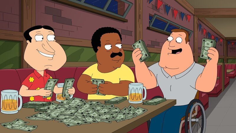Wegen Chris’ plötzlichem Erfolg als Baseball Pitcher, wittern Peter und seine Kumpels Quagmire, Cleveland und Joe das große Geschäft mit Sportwetten. Doch gilt Chris wirklich noch als Geheimtipp? – Bild: Fox