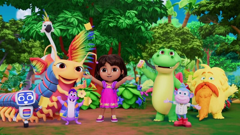 Bip Bip (l.), Flitzadu (2.v.l.), Cynthia (3.v.l.), Tico (4.v.l.), Dora (4.v.r.), Boots (2.v.r.), Grumpy Old Troll (r.) – Bild: Paramount