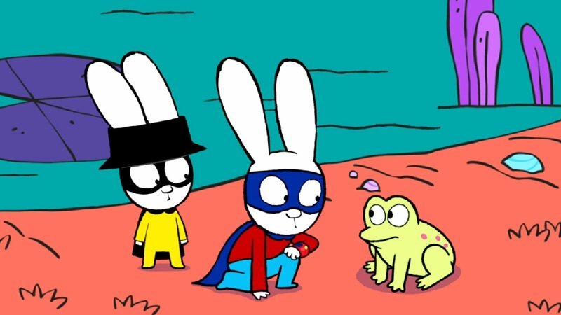 Captain Hase (l.) und Superhase (M.) erfahren von einem Frosch (r.), dass Professor Wolf seine Frosch-Geschwister entführt hat. Eine Mission für die Superhelden! – Bild: ZDF/​GO-N Productions