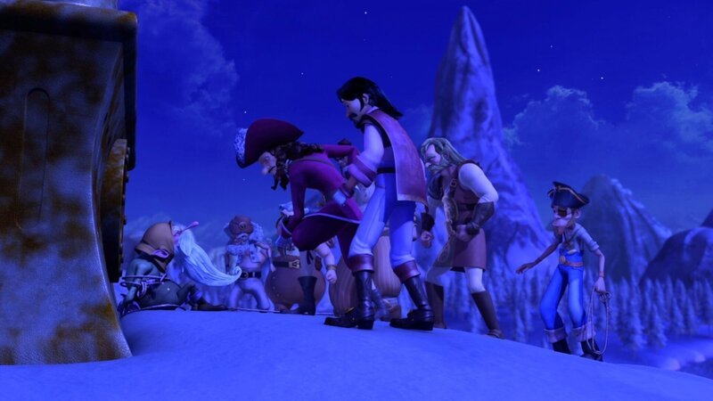 Captain Hook und seine Bande haben den Chefmechaniker des Weihnachtsmanns gefangen genommen und wollen von ihm wissen, wie die Geschenkemaschine und der Träumeerfüller funktionieren. – Bild: ZDF /​ DQ Entertainment