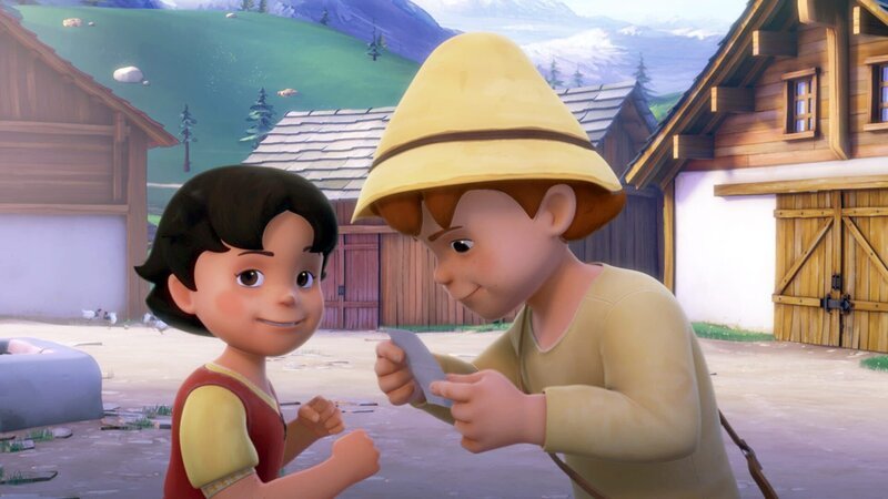 Heidi und Peter denken bei der Schnitzeljagd über den Hinweis nach. – Bild: ZDF/​Studio 100 Animation/​Heidi Productions Pty. Limited