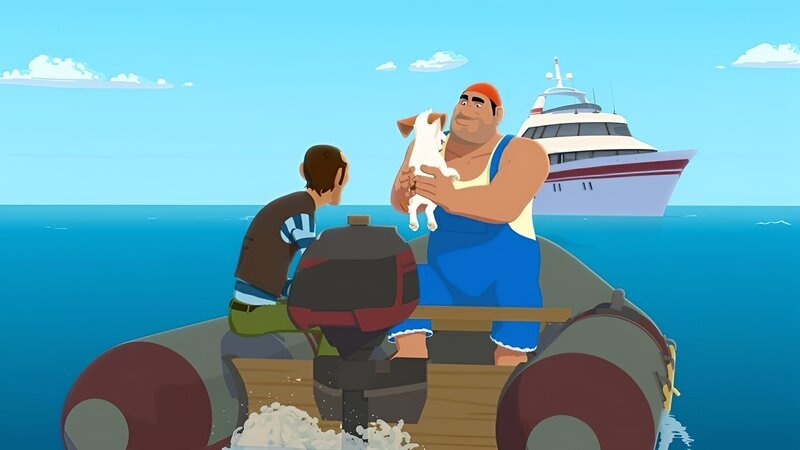 Rico und Biff haben den Hund Jackpot entführt und bringen ihn zu Van Krook auf die Jacht. Van Krook will Jackpots Besitzer Jack erpressen. – Bild: ZDF/​Media Valley/​Marzipan Films