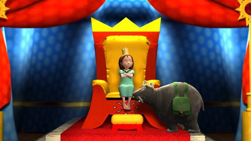Leopold macht Luzi darauf aufmerksam, dass eigentlich der König auf dem Thron sitzt und nicht die Prinzessin. – Bild: RBB/​DIGITRICK Potsdam