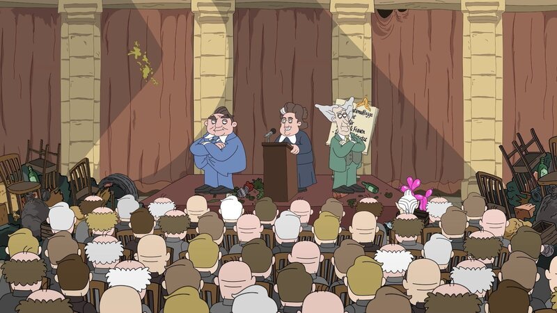 Carlo Schmidt, Elisabeth Selbert und Theodor Heuss als Comic-Figuren in dem Animationsfilm „Das Grundgesetz der Tiere“. – Bild: ZDFneo