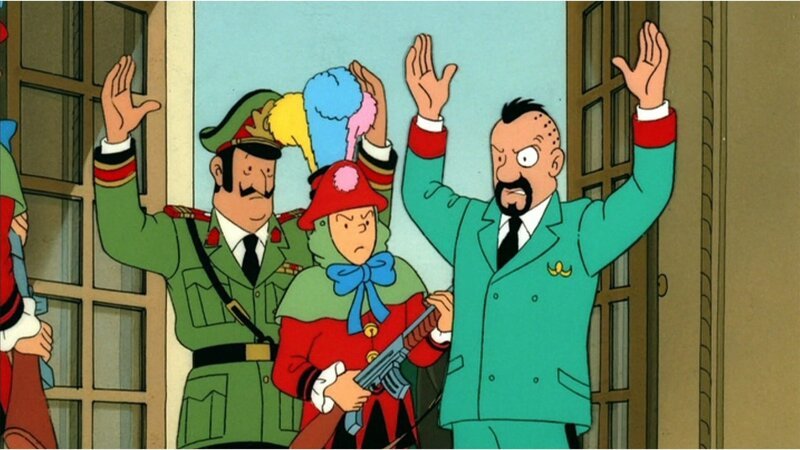 Tim (M.) überfällt an Karneval Oberst Sponsz (r.) und General Alvarez (l.) in Tapiocapolis, um entschlossen seinen riskanten Plan zu verfolgen. – Bild: ZDF, Ellipsanime, France 3, M6, Nelvana, Hergé – Moulinsar