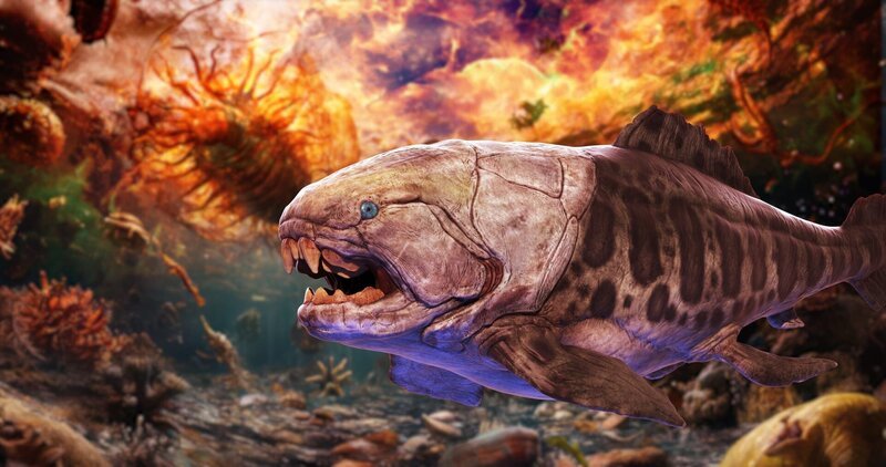 Bizarr geformte Lebewesen wie der Panzerfisch beherrschen die Ozeane. Sie erobern nach und nach neue Lebensräume. – Bild: ZDF und AdobeStock_667505887 (Flammen), AdobeStock_860780491 (Ozean)