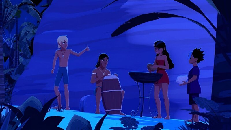 Yann, Auru, Timeti und Maimiti halten ein Ritual ab, um die illegalen Thunfischfänger von der Insel zu vertreiben, auf der laut einer Legende ein Fluch liegt. – Bild: ZDF/​Media Valley/​Marzipan Films