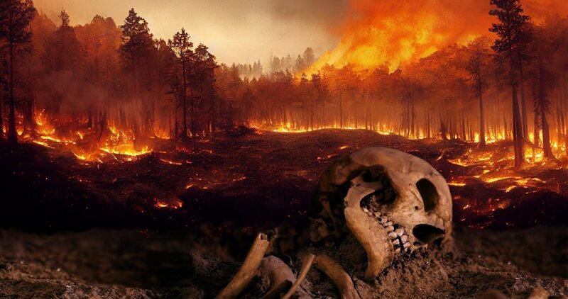 Die Existenz des Homo Sapiens ist durch Klimakatastrophen und andere Naturgewalten bedroht. Älteste Überreste des Homo Sapiens werden in Marokko entdeckt. Der Fund ist mehr als 300.000 Jahre alt. – Bild: ZDF und AdobeStock_677795567 (Wald), AdobeStock_443487859 (Skelett), Tobias Lenz