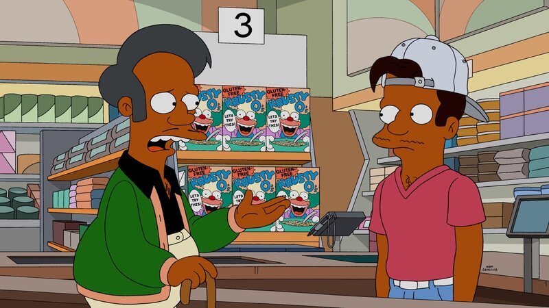 Ein Streit mit seinem Bruder Sanjay führt dazu, dass Apus (l.) junger Neffe Jamshed (r.) den Kwik-E-Mart übernimmt. Dieser verwandelt den Laden in ein hippes Geschäft mit gesunden Produkten, was Apus Traditionsbewusstsein gar nicht gefällt … – Bild: Fox