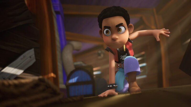 In den verbotenen Unterdecks hat Finn die Kiste mit dem Schatz des Baraka entdeckt. – Bild: ZDF/​Method Animation/​Mediawan kids & family
