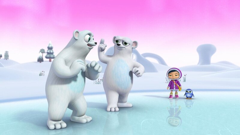 Die Eisbären Bert und Barry klären Wissper und das Pinguin-Mädchen Peggy darüber auf, dass man die Nordlichter nur nachts und auch nicht in jeder Nacht sehen kann. – Bild: ORF/​STUDIO 100 MEDIA