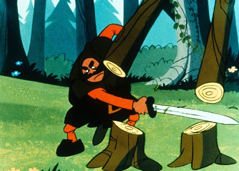 Wickie hat aus dem Banditen einen Narren gemacht! Stinksauer jagt er Wickie mit seinem riesigen Schwert. – Bild: Studio 100 Media
