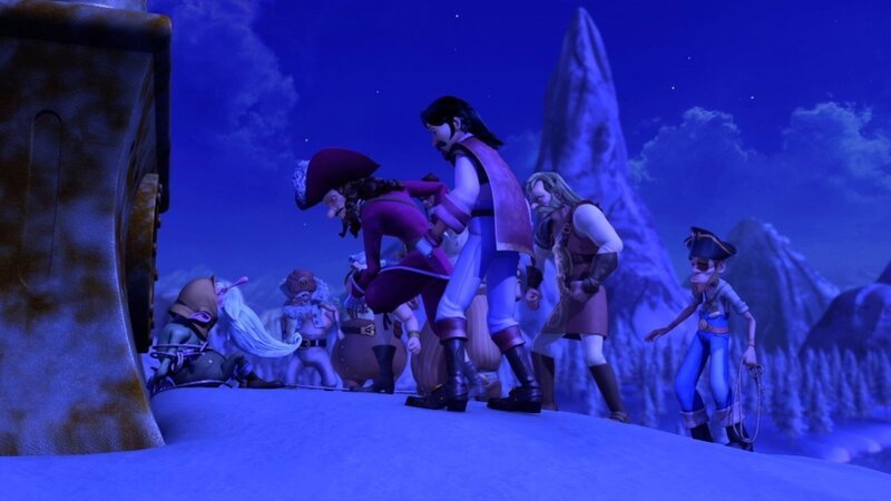 Captain Hook und seine Bande haben den Chefmechaniker des Weihnachtsmanns gefangen genommen und wollen von ihm wissen, wie die Geschenkemaschine und der Träumeerfüller funktionieren. – Bild: DQ Entertainment