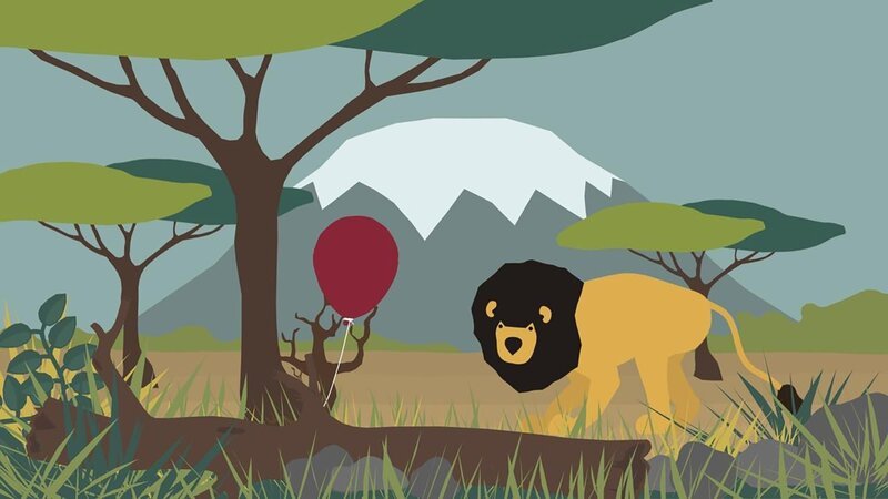 Ein Löwe entdeckt einen roten Luftballon und reist auf diesem in die unendlichen Weiten des Himmels. – Bild: rbb/​MDR/​NDR/​finally GmbH & Co.KG