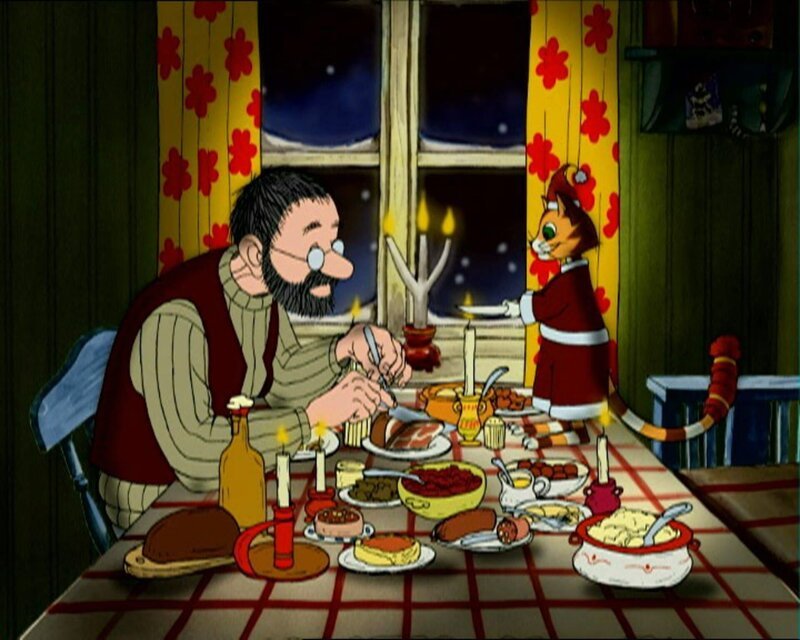 Pettersson und Findus genießen ihr Weihnachtsessen. – Bild: ZDF/​TV-Loonland