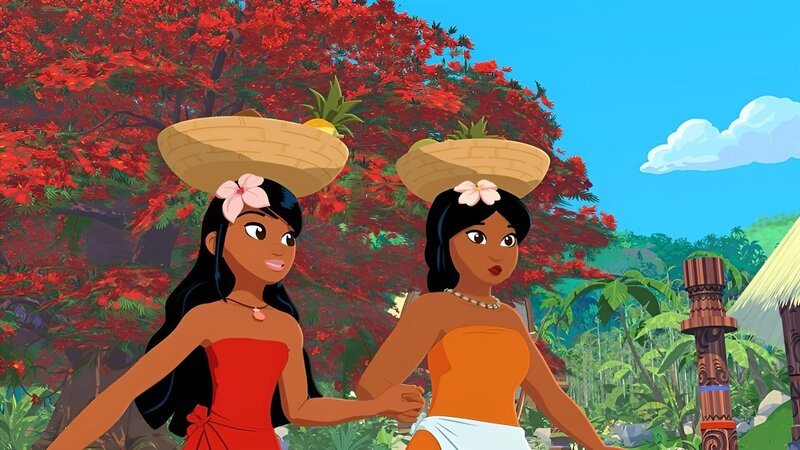 Timeti und ihre Mutter Maeva nehmen als Team am großen Maui-Wettkampf teil. Das Balancieren eines Obstkorbes klappt schon recht gut. – Bild: ZDF/​Media Valley/​Marzipan Films
