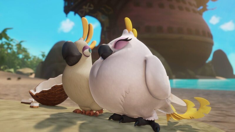 Papagei Greif hat sich in die Papageiendame verliebt, die Finn und Erika für ihn gefunden haben. – Bild: Method Animation – Mediawan kids & family.