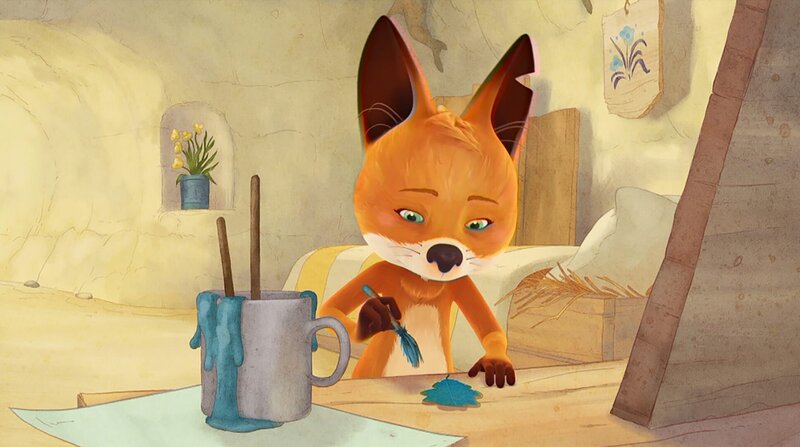 Rosie möchte ein blaues Blatt zum Unterricht mitnehmen und malt es blau an. – Bild: WDR/​Mediatoon