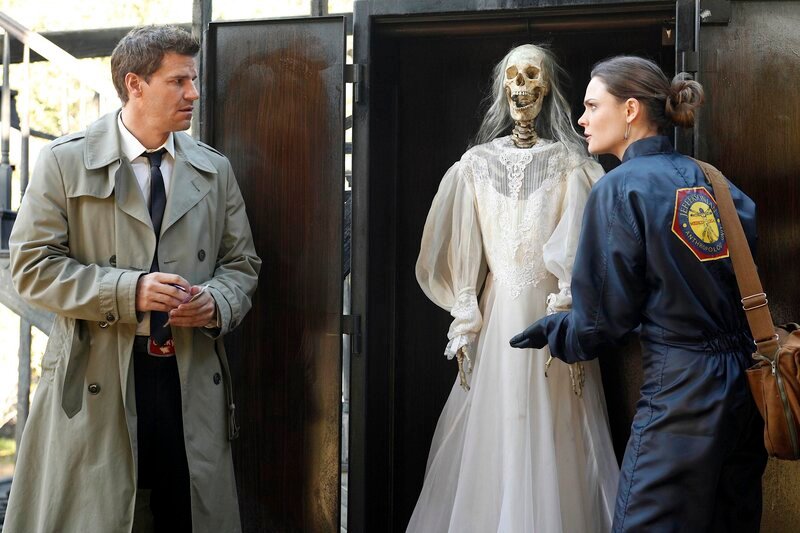 Booth (David Boreanaz, L) and Brennan (Emily Deschanel, R) examine a skeleton found at the scene of a fire – Bild: TV25