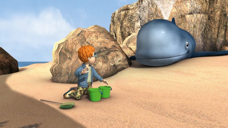 Mandy und Norman sind am Strand unterwegs und sammeln Seesterne, Krabben und andere Meerestiere. Norman hat wie immer die Nase vorn, aber dann macht Mandy einen wirklich riesigen Fund: Sie entdeckt einen gestrandeten Wal! – Bild: KI.KA/​HIT Entertainment
