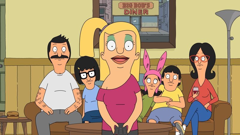 Tina allows Tammy to spend Spring Break with the Belchers in the „Sleeping with the Frenemy“ episode of Bob’s Burgers (in the picture, l-r: Bob, Tina, Tammy, Louise, Gene, Linda). – Bild: 2017⁠–⁠2018 Fox and its related entities. All rights reserved Lizenzbild frei