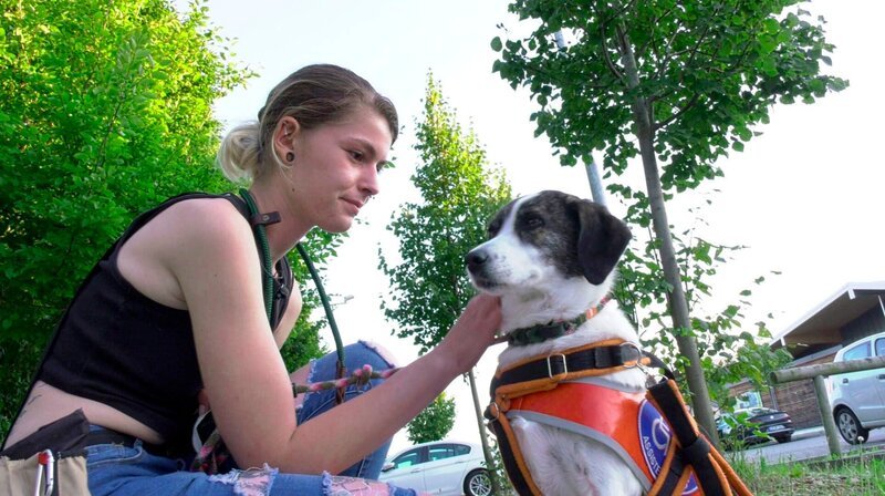 Anfallswarnhund. Jackie mit ihrer Sarabi. Der sensible Hund kennt sie gut und warnt Jackie vor plötzlich auftretenden dramatischen Panikattacken. Durch ihn fühlt sie sich in der Öffentlichkeit sicher. – Bild: BR/​Ralph-Jürgen Schoenheinz