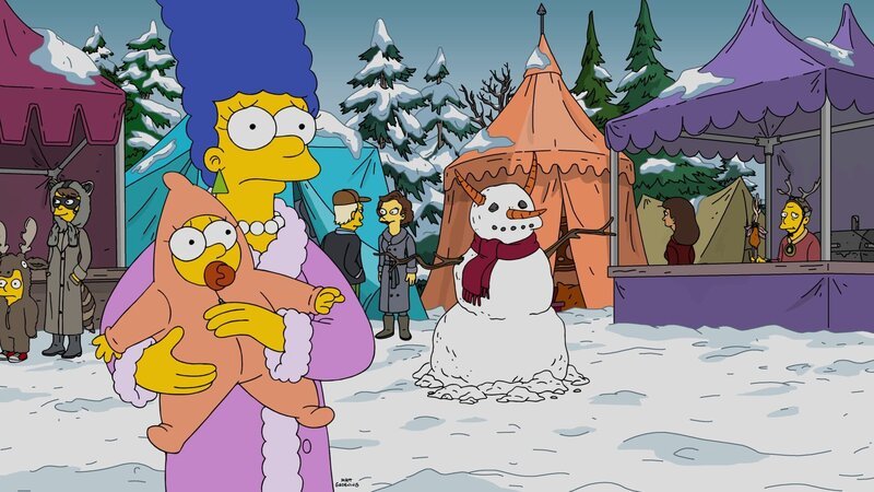 Ahnen noch nicht, was sie sich mit Krusty als Gast zu Weihnachten eingefangen haben: Maggie (l.) und Marge (r.) … – Bild: Fox