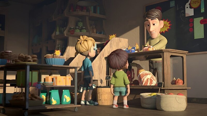 Raphael und Kleiner Fuß wollen das verschwundene Honigglas durch ein gekauftes im Krämerladen von Herrn Moosmeier ersetzen. – Bild: ZDF/​La Station Animation